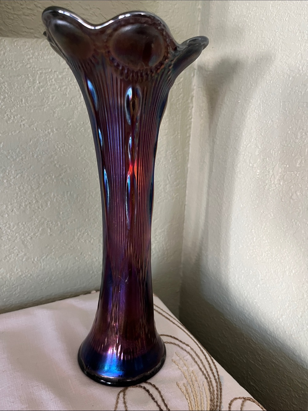 Antique Amethyst Carnival Glass Beaded Bullseye Vase Attributed Imperial 12”